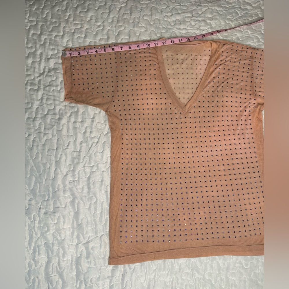 Sheer Rhinestone Studded V-Neck Tee Y2K Festival Nude Short Sleeve Top Small - Picture 6 of 8